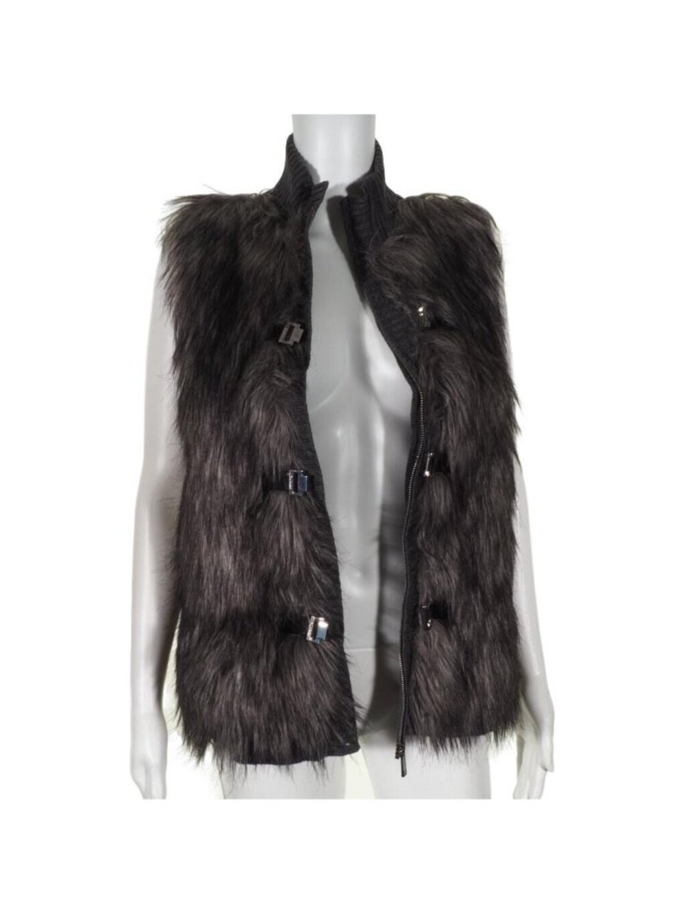 Calvin Klein Vest Faux Fur Size XS Womens Sweater Metal Closures Gray Mock Tunic - Picture 9 of 11